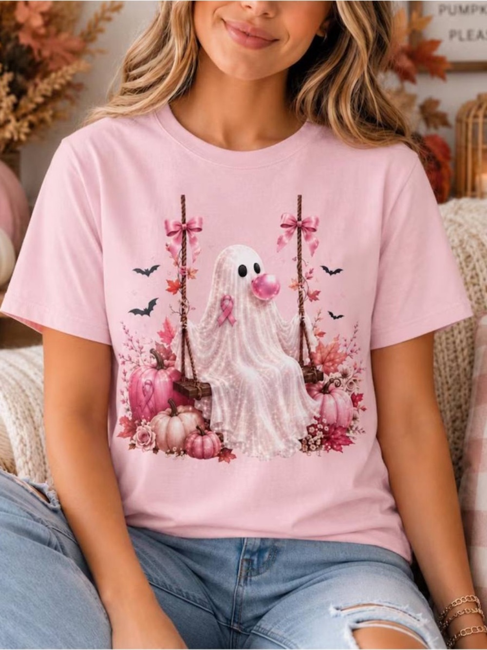 Pink Ghost Swing Graphic Tee for Women’s, In October We Wear Pink T-Shirt